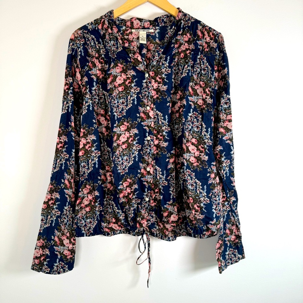 Lucky Brand 100% Cotton Floral‎ Print Tie Waist Button Down Shirt Top Blouse XL